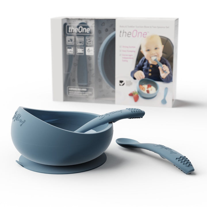 Brightberry baby silicone suction bowl and two spoons in blueberry blue navy colour with packaging