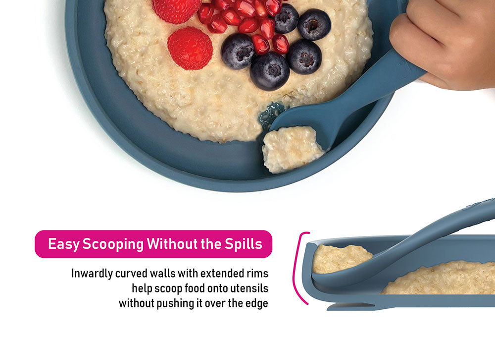 showing easy scooping with Brightberry high contoured walls on silicone plates for kids and people with limited dexterity 