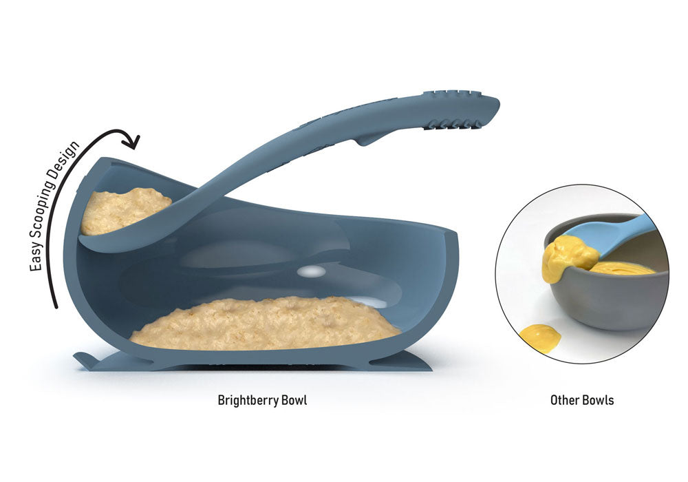 quality ergonomic silicone suction bowl with rounded sides designed for easy scooping food from the bowl on the spoon by Brightberry 